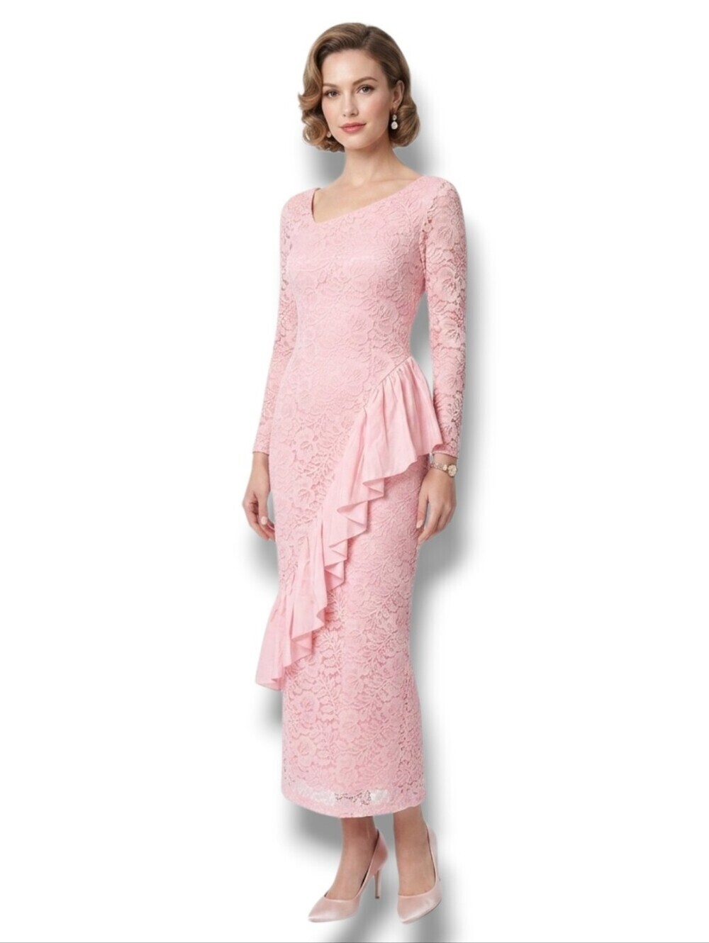Roberta California Vintage Pink Lace Ruffle Bodycon Dress – Size 5/6 - Picture 13 of 14